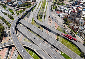 Aerial view of a highway with a level crossing in the city of Bogota. Colombia.