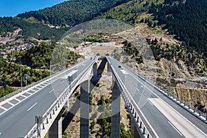 Aerial view on highway in the Metsovo. Metsovitikos Bridge. Epirus, mountains of Pindus in northern Greece