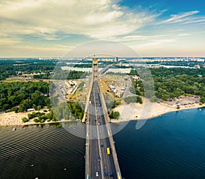 Aerial view of highway and Moscow bridge across the Dnieper.