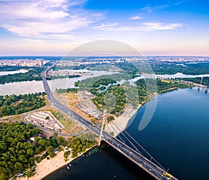 Aerial view of highway and Moscow bridge across the Dnieper.