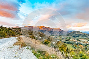 Aerial view of Highway Road Freeway to Arrow Town with Sunrise Mountain range Landscape New Zealand