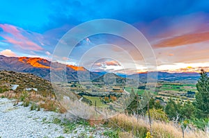 Aerial view of Highway Road Freeway to Arrow Town with Sunrise Mountain range Landscape New Zealand