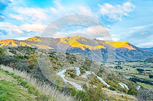 Aerial view of Highway Road Freeway to Arrow Town with Sunrise Mountain range Landscape New Zealand