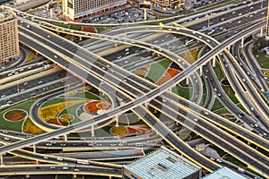 Aerial view of a highway road interchange in Dubai United Arab Emirates