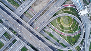 Aerial view highway road network connection or intersection for import export or transportation concept