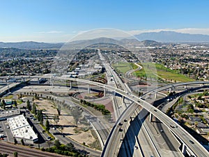 Aerial view of highway interchange and junction in Riverside, California. photo