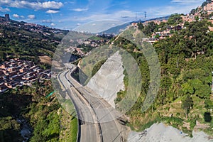 Aerial view of a highway under construction in Medellin, Colomb