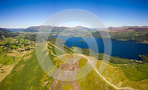 Aerial view of a hiking trail across a mountain ridge (Catbells and Derwentwater, Lake District