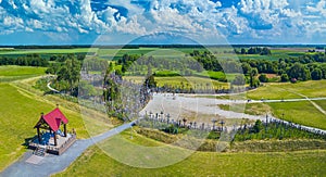 Aerial view of Hill of Crosses KRYZIU KALNAS . It is a famous religious site of catholic pilgrimage in Lithuania