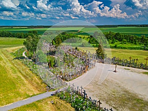 Aerial view of Hill of Crosses KRYZIU KALNAS . It is a famous religious site of catholic pilgrimage in Lithuania