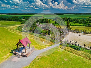 Aerial view of Hill of Crosses KRYZIU KALNAS . It is a famous religious site of catholic pilgrimage in Lithuania