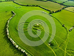 Aerial view of the Hill of Tara, an archaeological complex, containing a number of ancient monuments, County Meath, Ireland