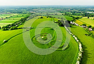 Aerial view of the Hill of Tara, an archaeological complex, containing a number of ancient monuments, County Meath, Ireland