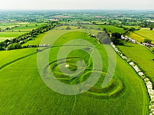 Aerial view of the Hill of Tara, an archaeological complex, containing a number of ancient monuments, County Meath, Ireland