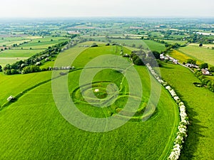 Aerial view of the Hill of Tara, an archaeological complex, containing a number of ancient monuments used as the seat of the High