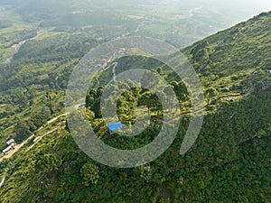 Aerial view of the hill of Thani mai temple, close to Bandipur, Nepal