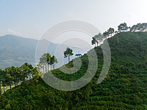 Aerial view of the hill of Thani mai temple, close to Bandipur, Nepal