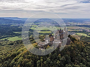 Aerial view of the hill top castle Burg Hohenzollern in Germany