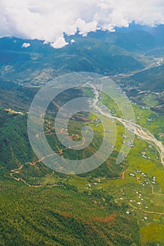 Aerial view of the HImalaya high mounrain range in Paro valley Bhutan