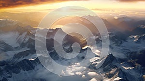 Aerial view of Himalayas mountain range at sunset, Nepal