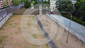 Aerial view of historic border with Berlin Wall. Part of Gedenkstatte Berliner Mauer. Memorial of metropolis division