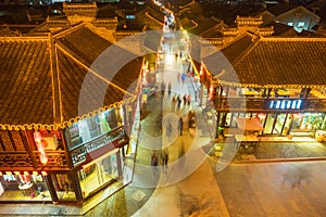 Aerial view of historic buildings at night in Yangzhou