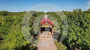 Aerial view of historic Caine road covered bridge in Ashtabula county, Ohio