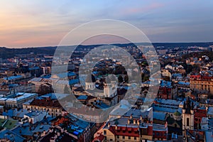 Aerial view of historic center of Lviv, Ukraine. Lvov cityscape. View from Lviv Town Hall