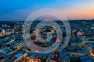 Aerial view of historic center of Lviv, Ukraine. Lvov cityscape. View from Lviv Town Hall