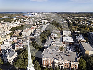 Aerial view of historic center of Savannah, Georgia with church steeple in foreground