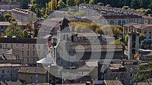 Aerial view of the historic center of town Sisteron, Provence, France with romanesque church of Notre-Dame-des Pommiers.