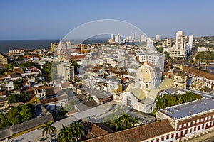 Aerial view of the historic city center of Cartagena, Colombia.
