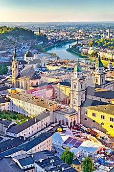 Aerial view of the historic city of Salzburg in beautiful evenin