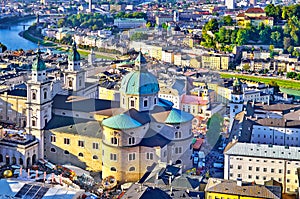 Aerial view of the historic city of Salzburg in beautiful evening light in fall, Salzburger Land, Austria