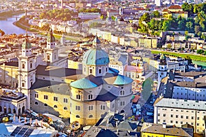 Aerial view of the historic city of Salzburg in beautiful evening light in fall, Salzburger Land, Austria