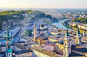 Aerial view of the historic city of Salzburg in beautiful evening light in fall, Salzburger Land, Austria