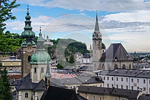 Aerial view of the historic city of Salzburg at cloudy weather,