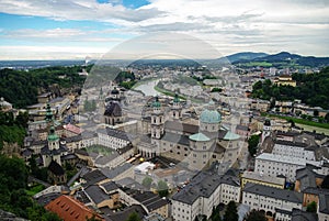 Aerial view of the historic city of Salzburg at cloudy weather,