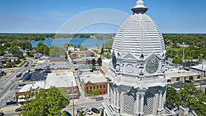 Aerial View of Historic Courthouse and Lake in Small American Town