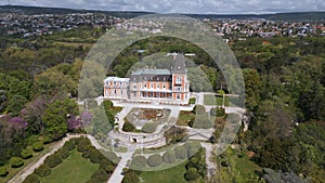 Aerial view of the historic Euxinograd palace in Varna, Bulgaria. Admire the grand architecture and lush gardens of this