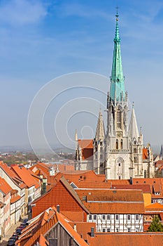 Aerial view of the historic Marienkirche church in Muhlhausen photo