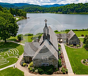Aerial view of the historic Memorial Chapel On Lake Junaluska in Waynesville, NC