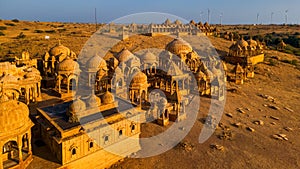 Aerial view of historic Royal Cenotaphs called Bada Bagh near Jaisalmer, Rajasthan