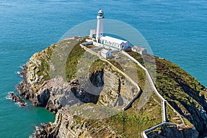 Aerial view of the historic South Stack Lighthouse on the shore of Holy Island, Anglesey, Wales.