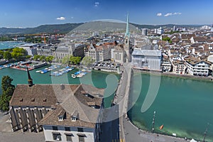 Aerial view of historic town centre of Zurich along Limmat river, Zurich, Switzerland