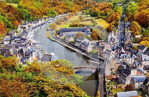 Aerial view of the historic town of Dinan with Rance river with