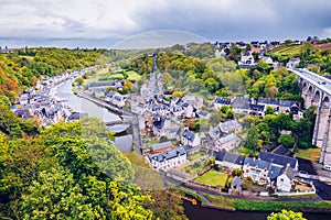 Aerial view of the historic town of Dinan with Rance river with