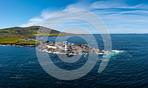 Aerial view of the historic Valentia Island Lighthouse in County Kerry of western Ireland