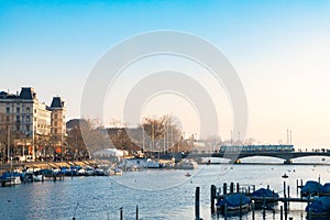 Aerial view of historic Zurich city center with pier at river Limmat and Lake Zurich Switzerland.