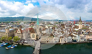 Aerial view of historic Zurich city with Fraumunster Church and river Limmat in Zurich, Switzerland